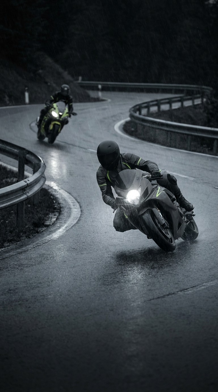 Sports bike approaching on dark road with lime green accents
