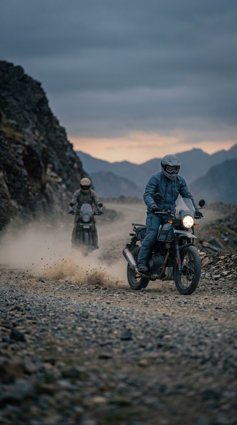 Adventure bike approaching on mountain gravel road at dusk