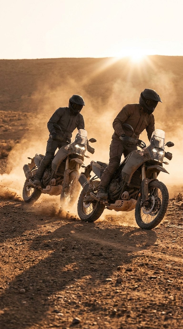Rally bike approaching through desert dust