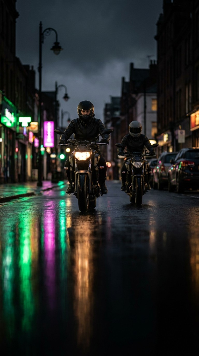 Urban rider approaching on wet neon-lit city street at night
